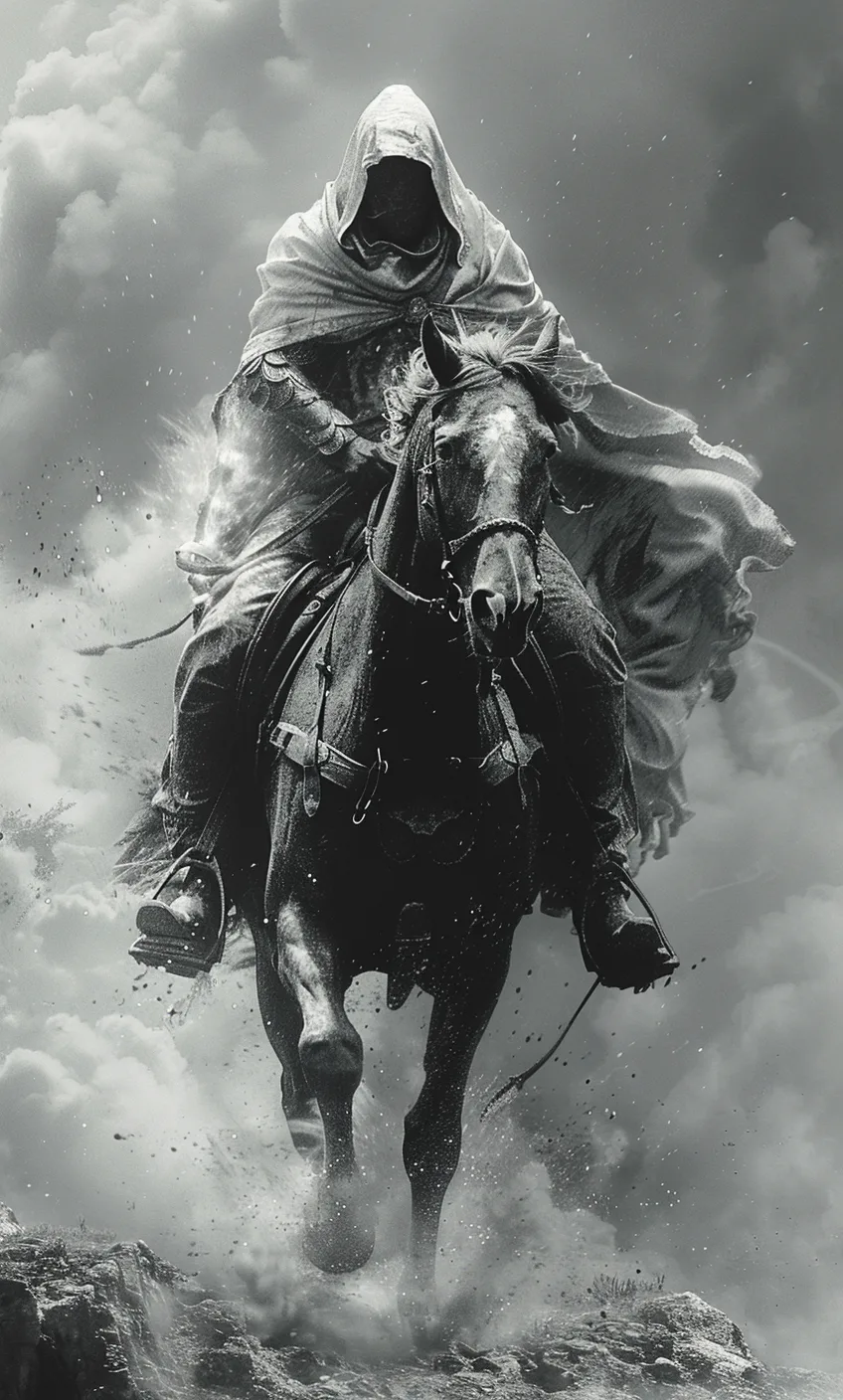 Midjourney prompt: Black and white art of a hooded knight riding his horse in full gallop