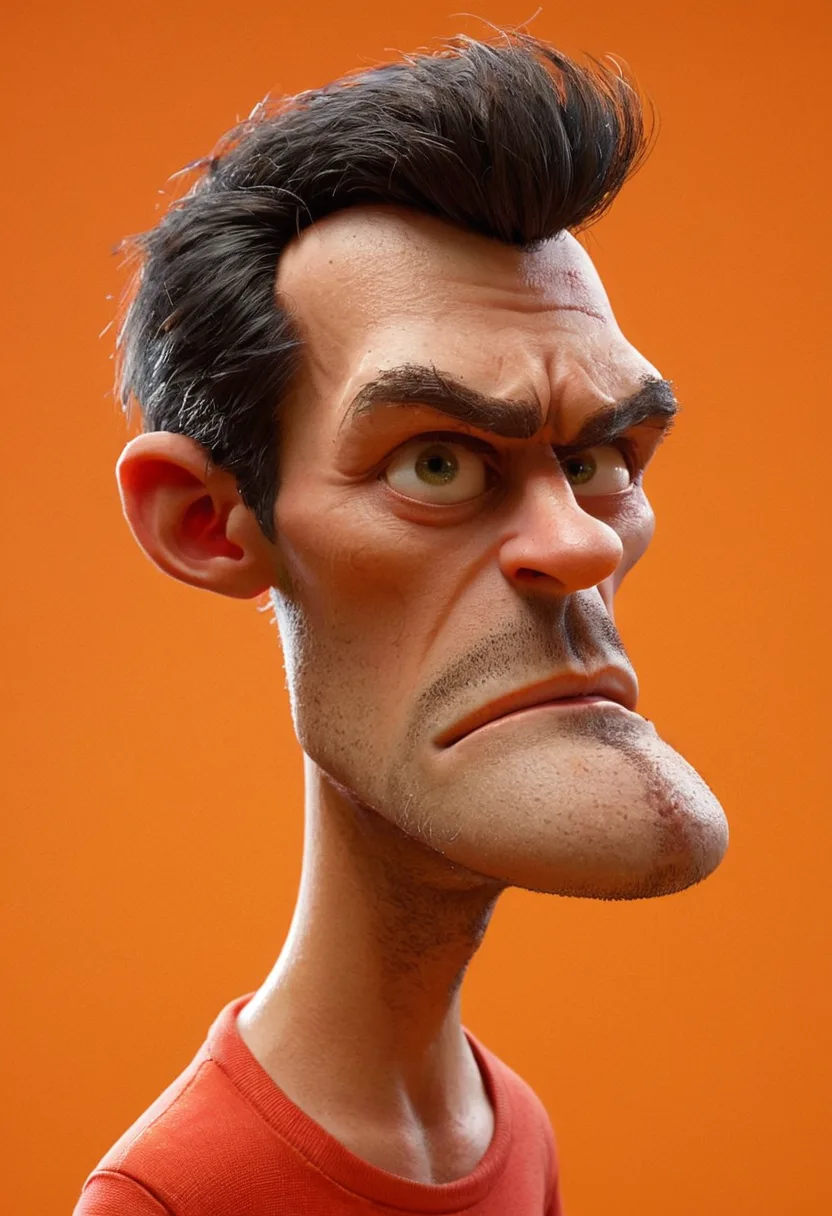 Stable Diffusion prompt: A caricature of a man with exaggerated features is set against a vibrant orange backdrop. His skin is rough and textured