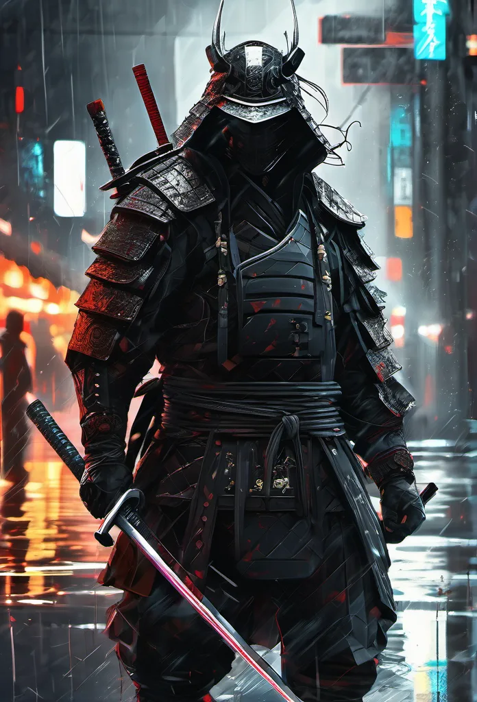 Stable Diffusion prompt: epic digital portrait of a brutal samurai in black armor