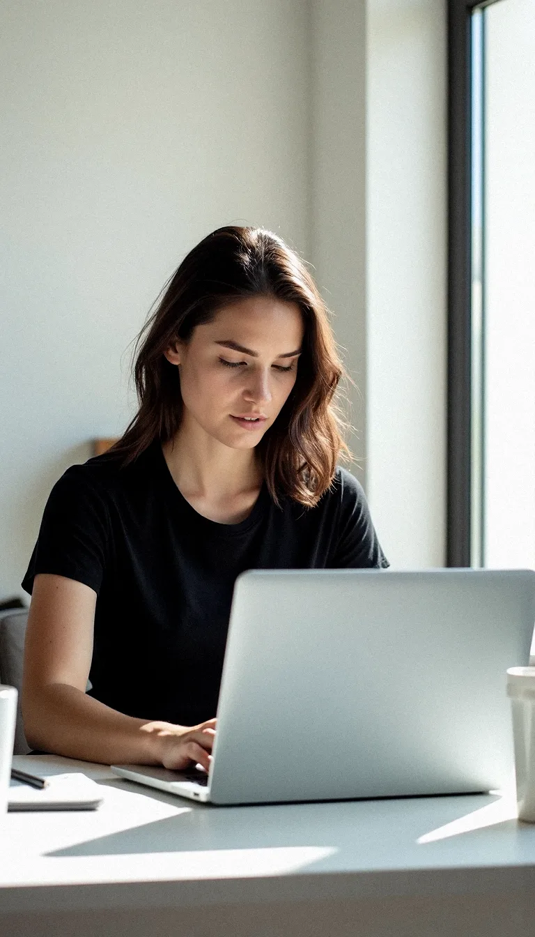 FLUX prompt: A young woman with shoulder-length brown hair sits at a white desk