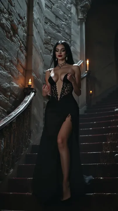 Kling prompt: The woman begins walking slowly and gracefully down the staircase