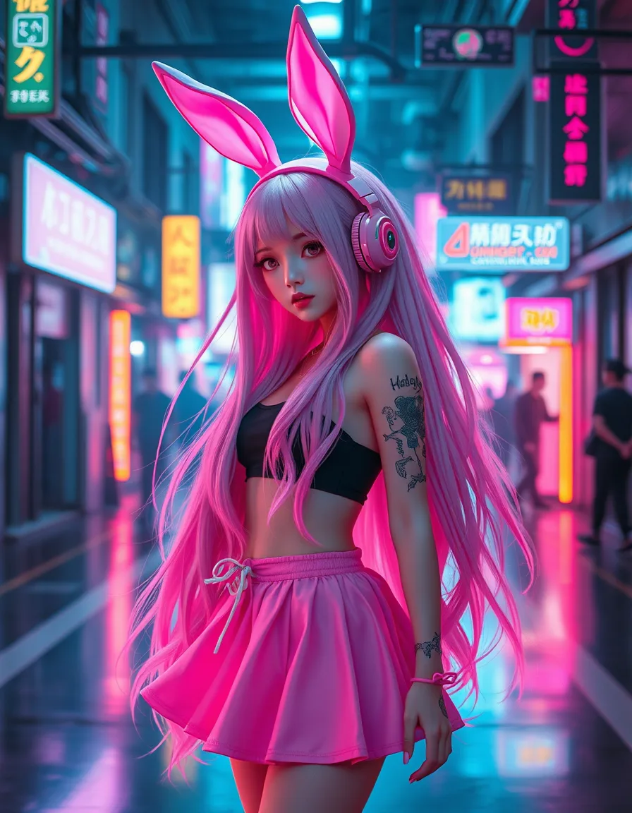 FLUX prompt: The pink bunny girl in the cyber world is a cyberpunk (full body photo)