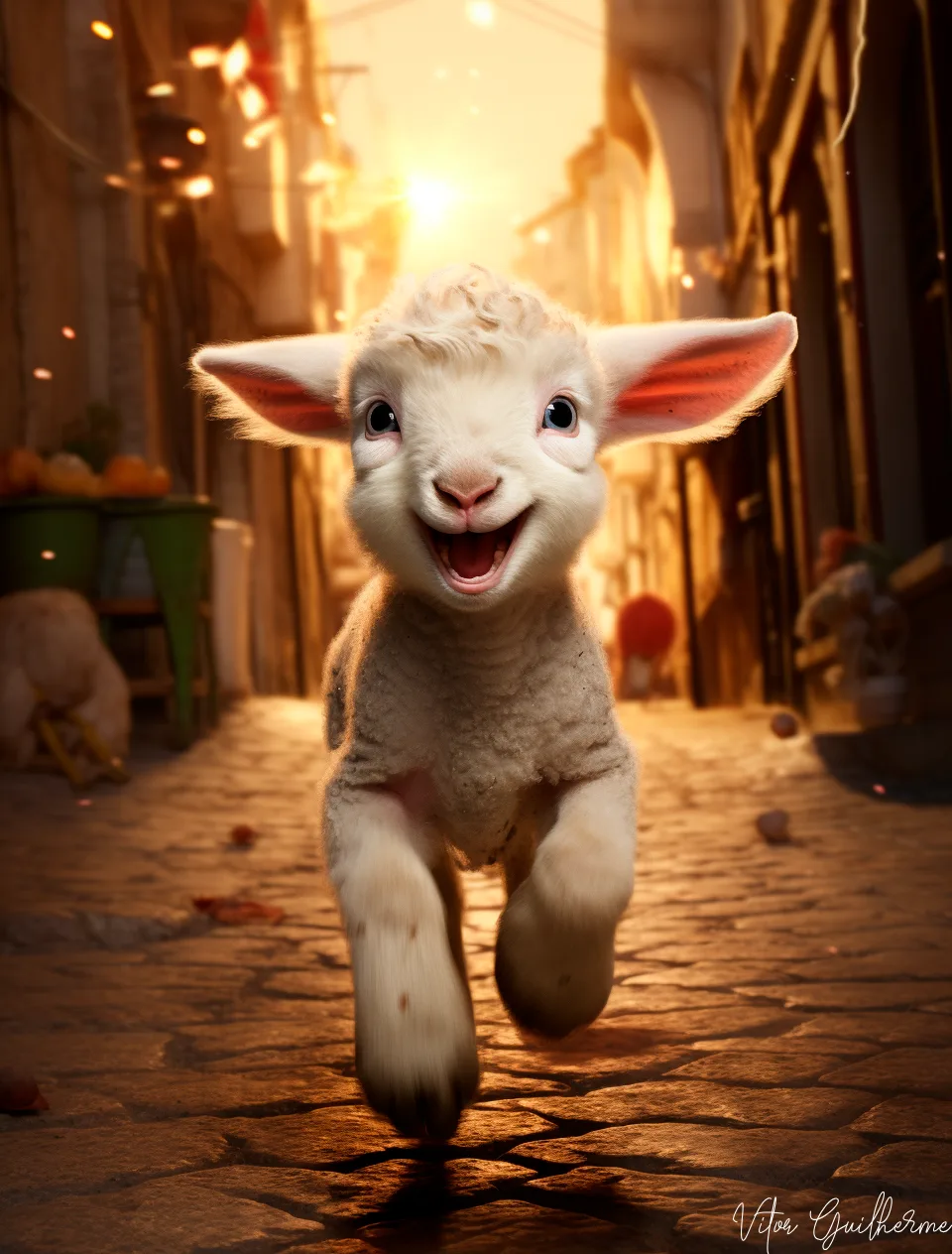 Midjourney prompt: a baby lamb running and laughing