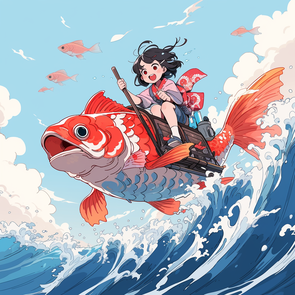 پیش‌نمایش منبع: Midjourney prompt: a cartoon of a girl riding a koi fish, in the styl...