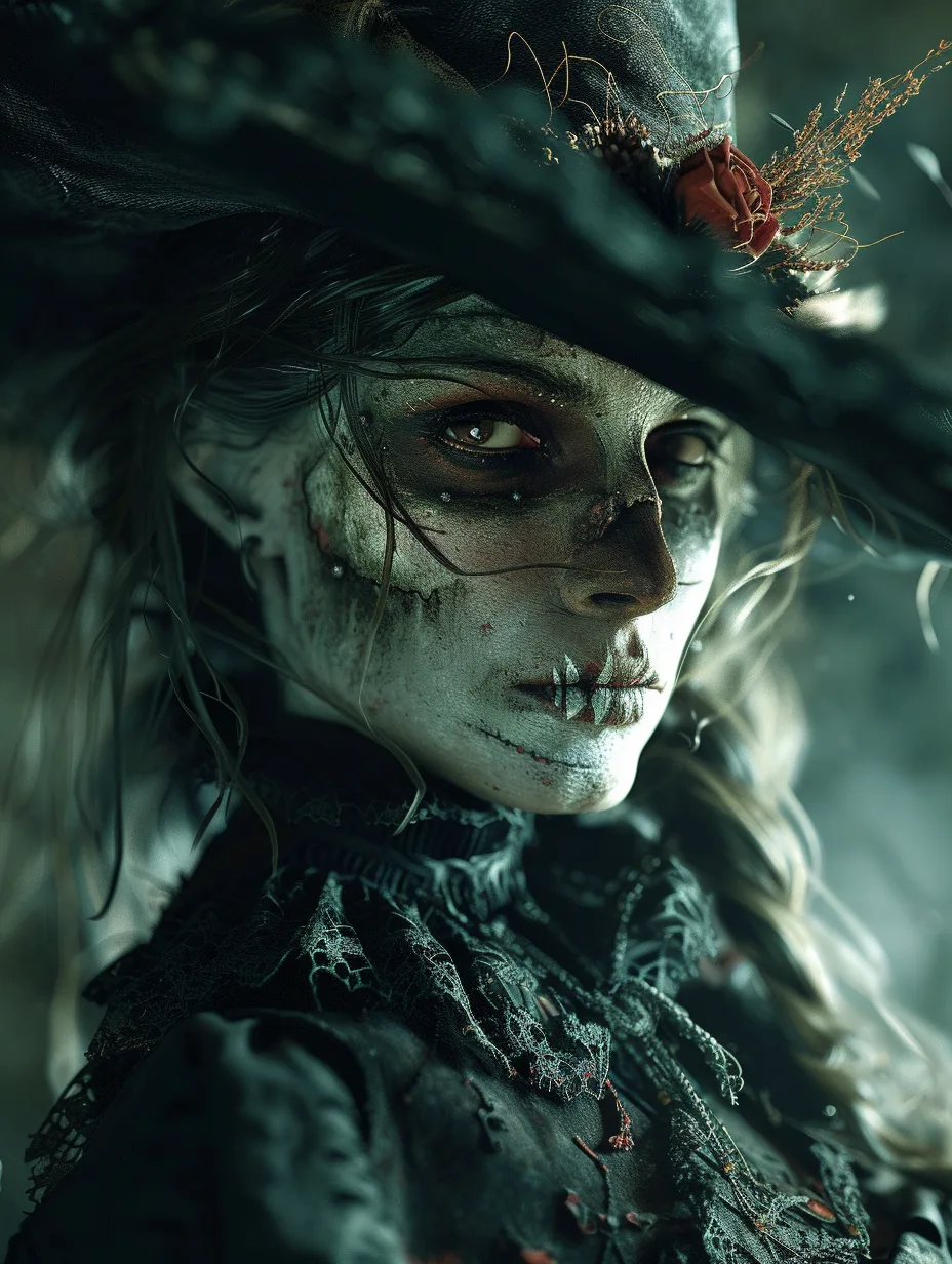 Midjourney prompt: the vampire witch with hat and skeleton looking