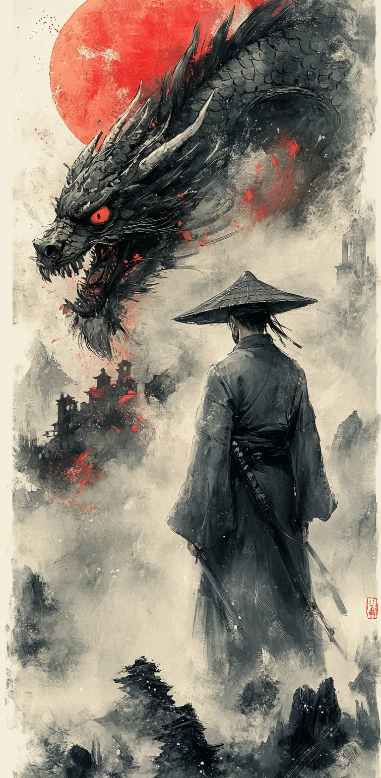 Midjourney prompt: japanese samurai in front of a dragon