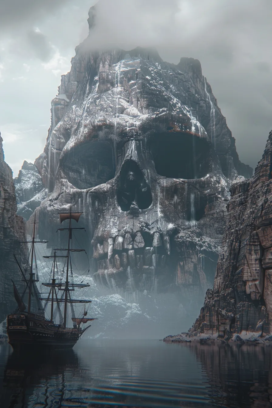 Midjourney prompt: a large skull and a ship on water