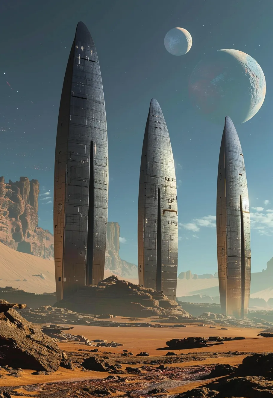 Midjourney prompt: A retrofuturistic scene of an alien planet with three large