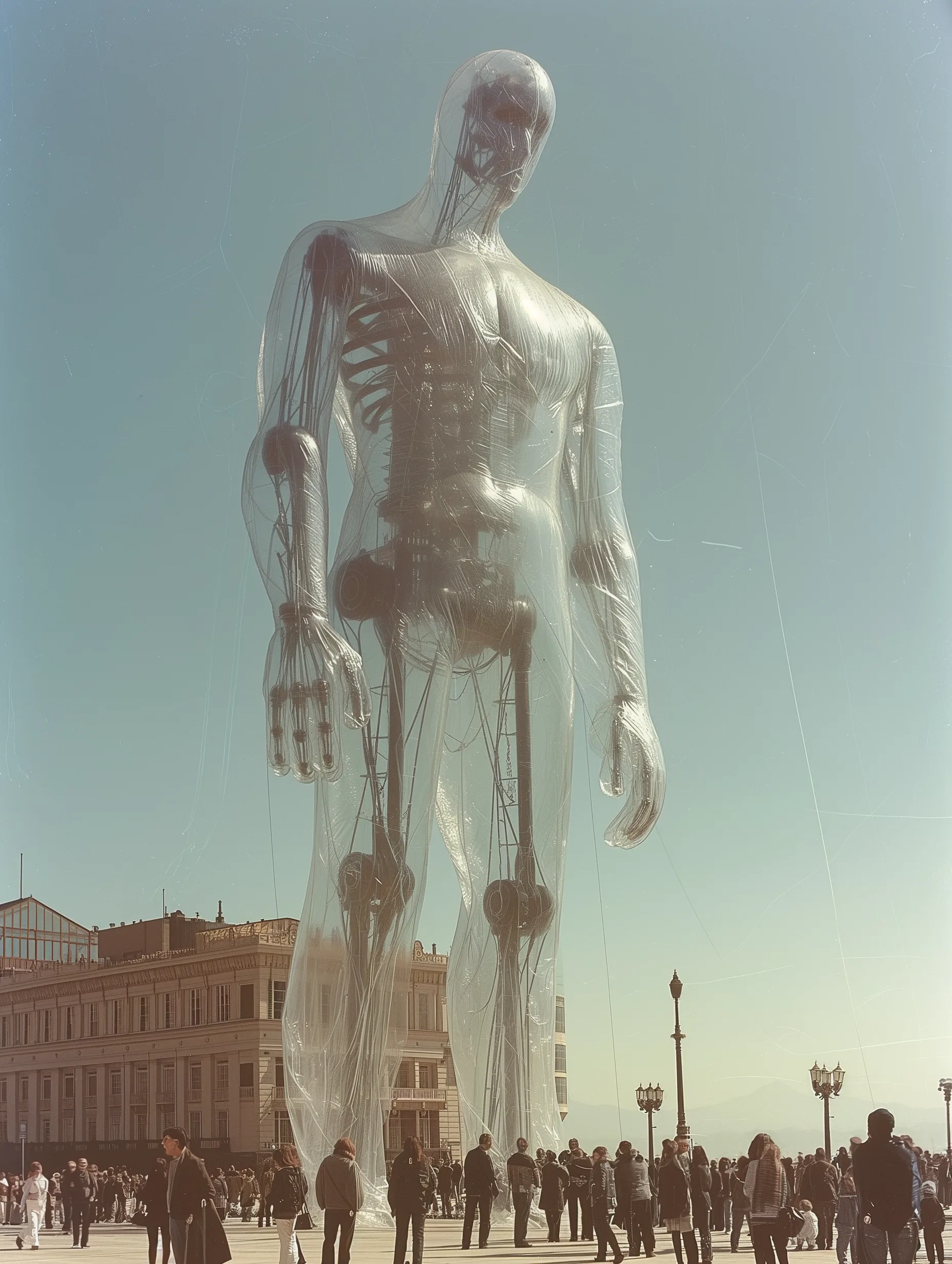 Midjourney prompt: tall giant in the piazza from an old photograph