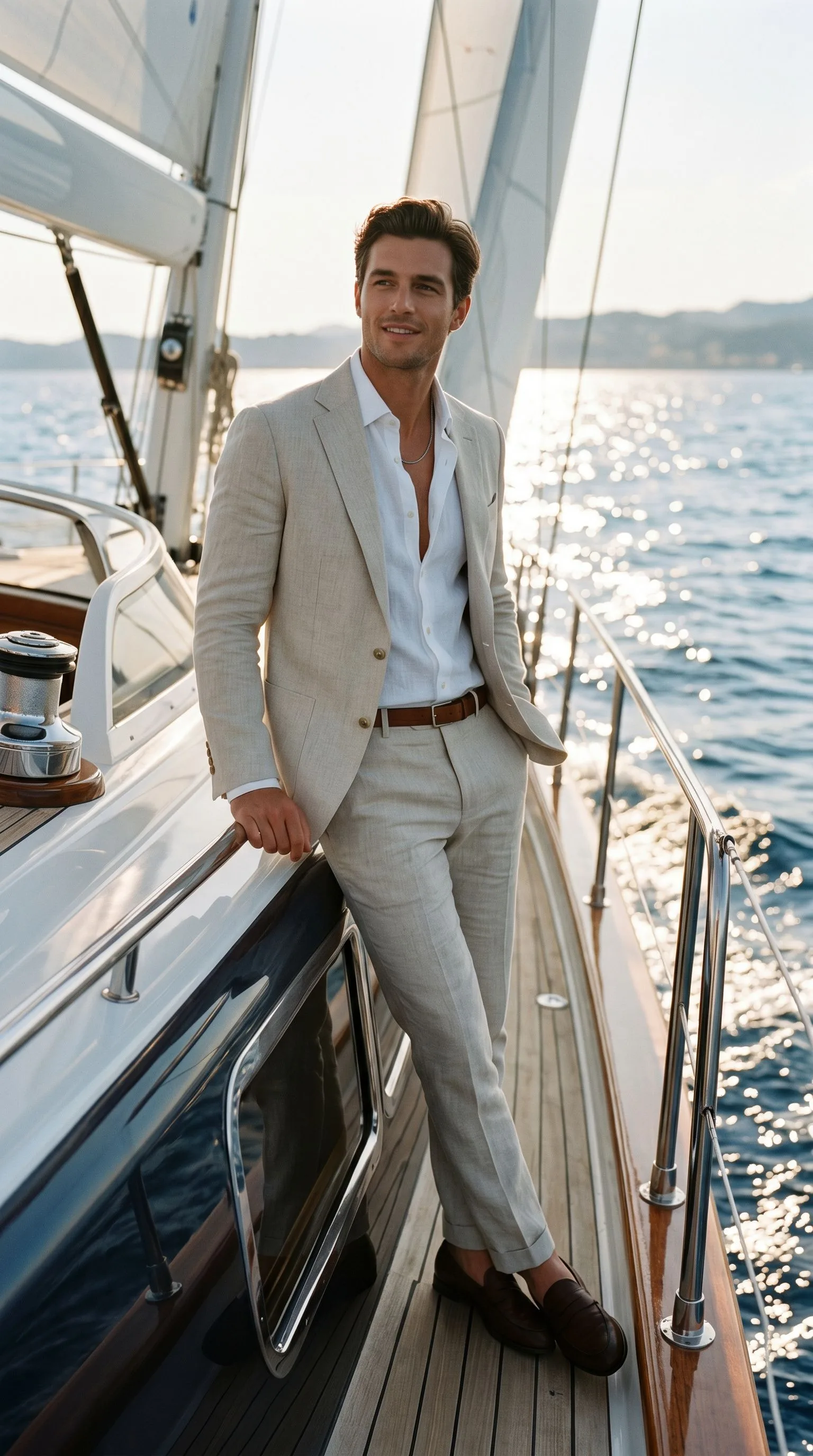 Nano Banana prompt: Create a high-end fashion image of a male model wearing a tailored summer suit with an open shirt.