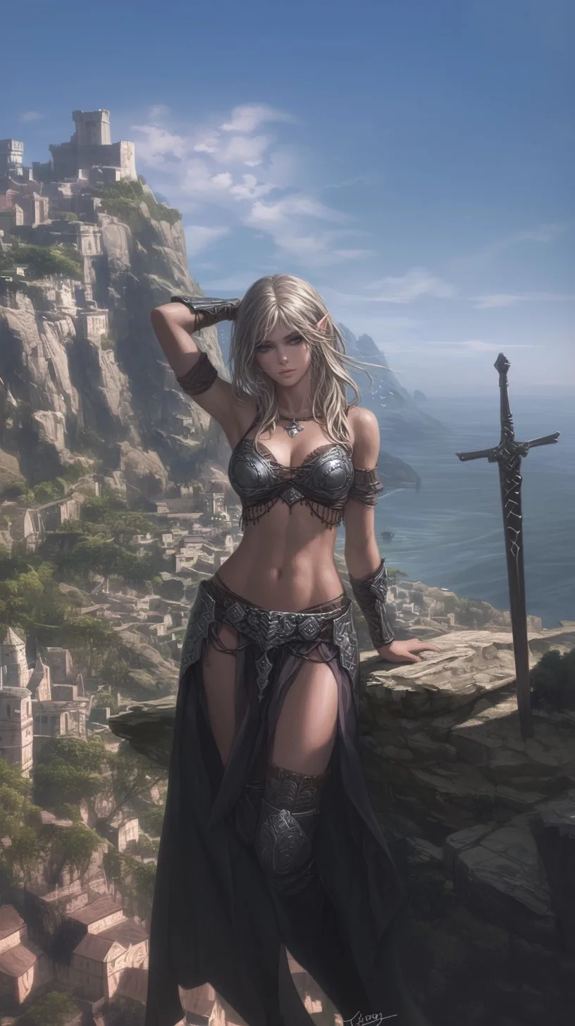 Midjourney prompt: /imagine prompt: An elven paladin in a platemail bikini