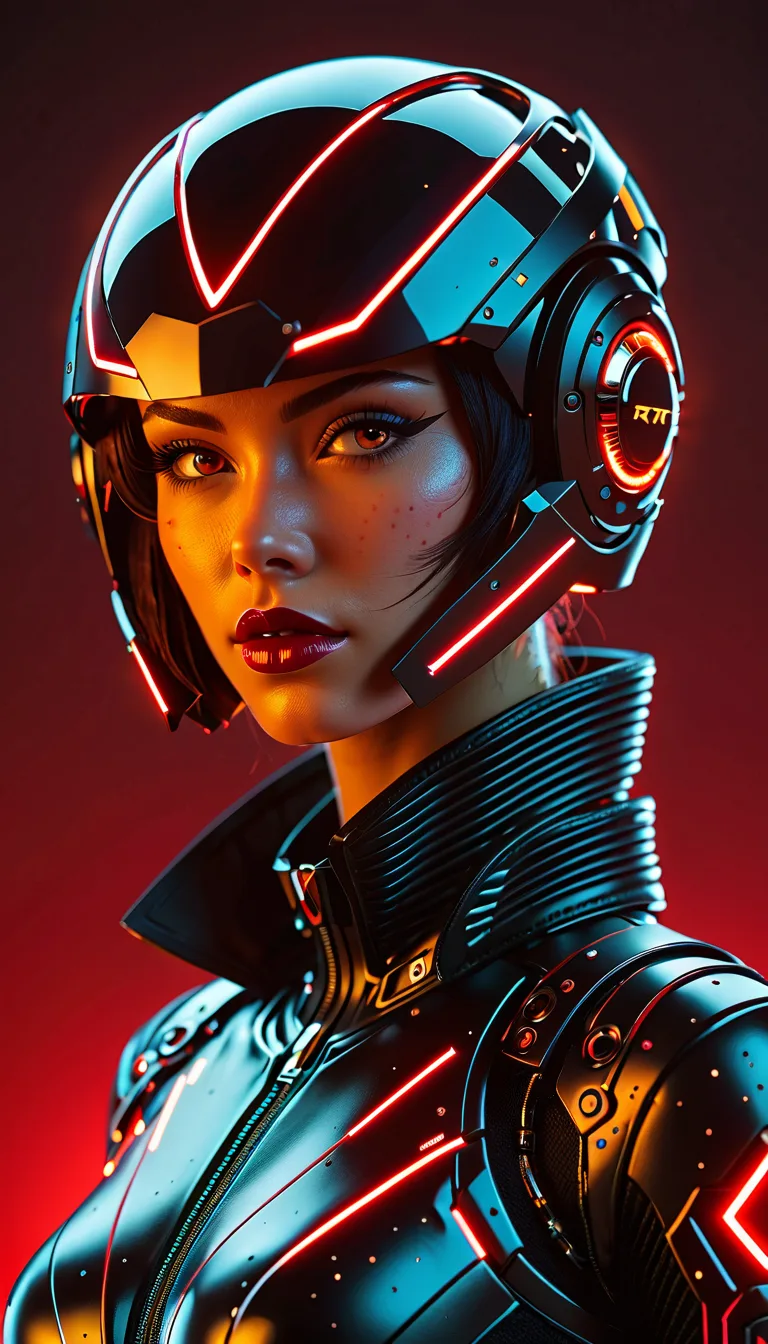 Stable Diffusion prompt: Futuristic cyborg girl featuring a captivating cybernetic helmet adorned with vibrant triangular red LED lights