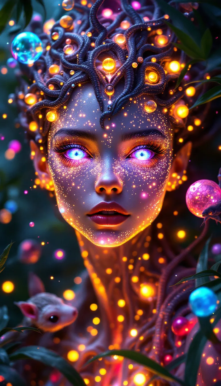 FLUX prompt: Surreal 4k painting of a beautiful alien princess with expressive lilac eyes and cosmic features. Her skin appears to be composed of intertwined bioluminescent particles
