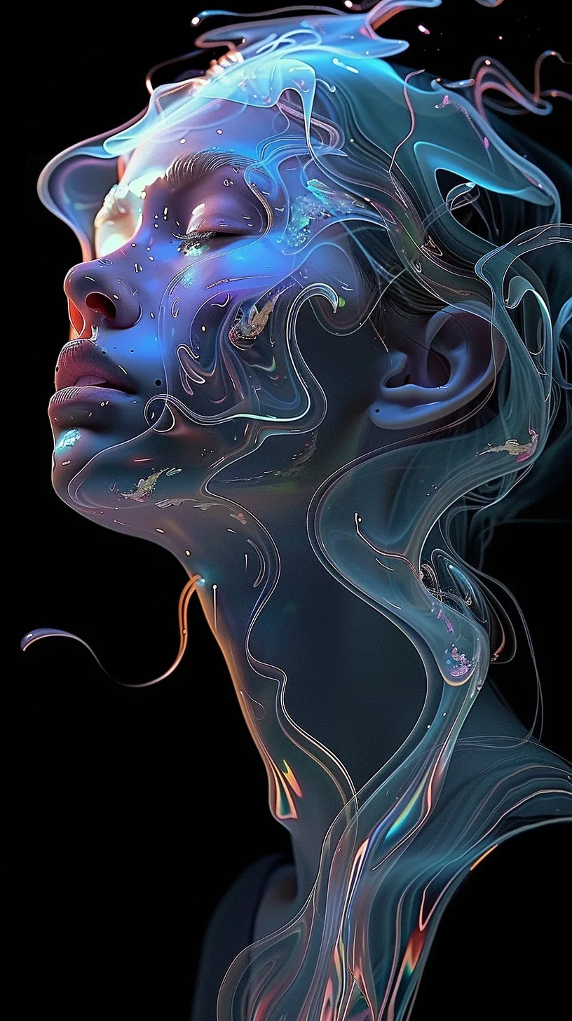 Midjourney prompt: https://s.mj.run/VnhTCG9d4Mc a black background with a woman with opalescent hair