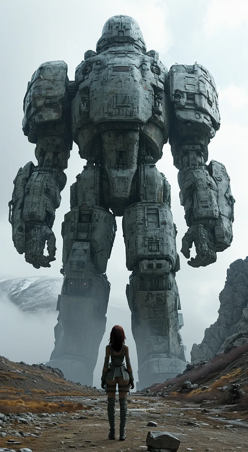Midjourney prompt: the woman stands in front of a giant statue