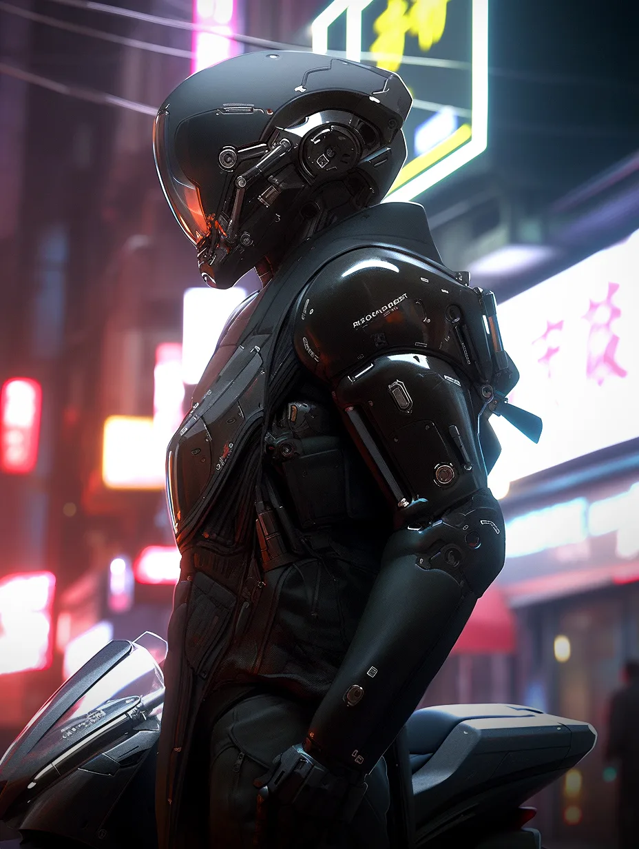 Midjourney prompt: Sleek android in a black cybernetic and futuristic exo-suit with a motorcycle in a crowded cyberpunk city street