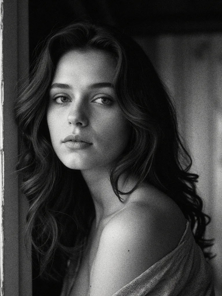 FLUX prompt: A cinematic black-and-white portrait of a young woman with soft