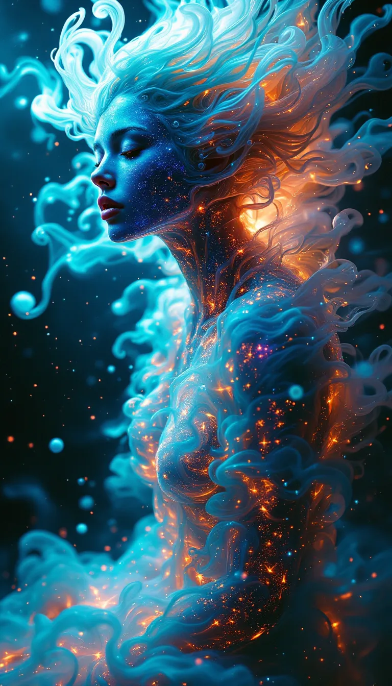 FLUX prompt: Metamorphosis through Swirling Gases: A series of photorealistic images depicting a figure undergoing a metamorphosis through swirling gases and ethereal forms in a surreal