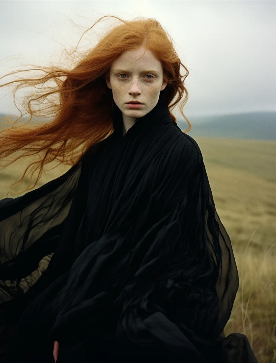 Midjourney prompt: a woman in a black dress standing in a field