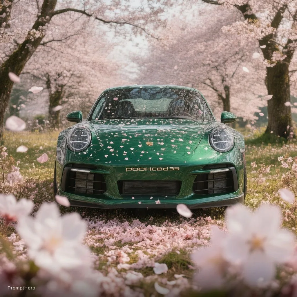 Hero prompt: extremely low shot of a forest green porche 911 in a field of flowers