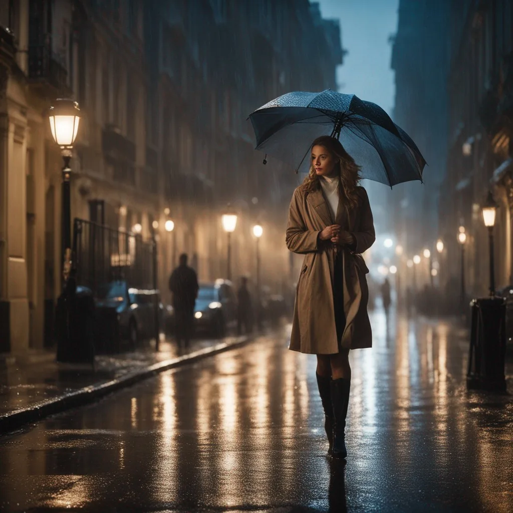 Stable Diffusion prompt: A city street bathed in the gentle glow of street lamps