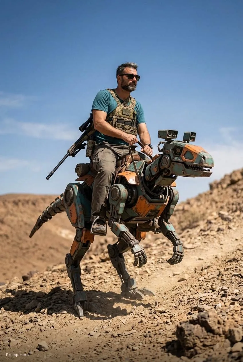 Hero prompt: A lone desert scout riding a robotic reptile-like pack mount up a rocky slope under a wide open sky