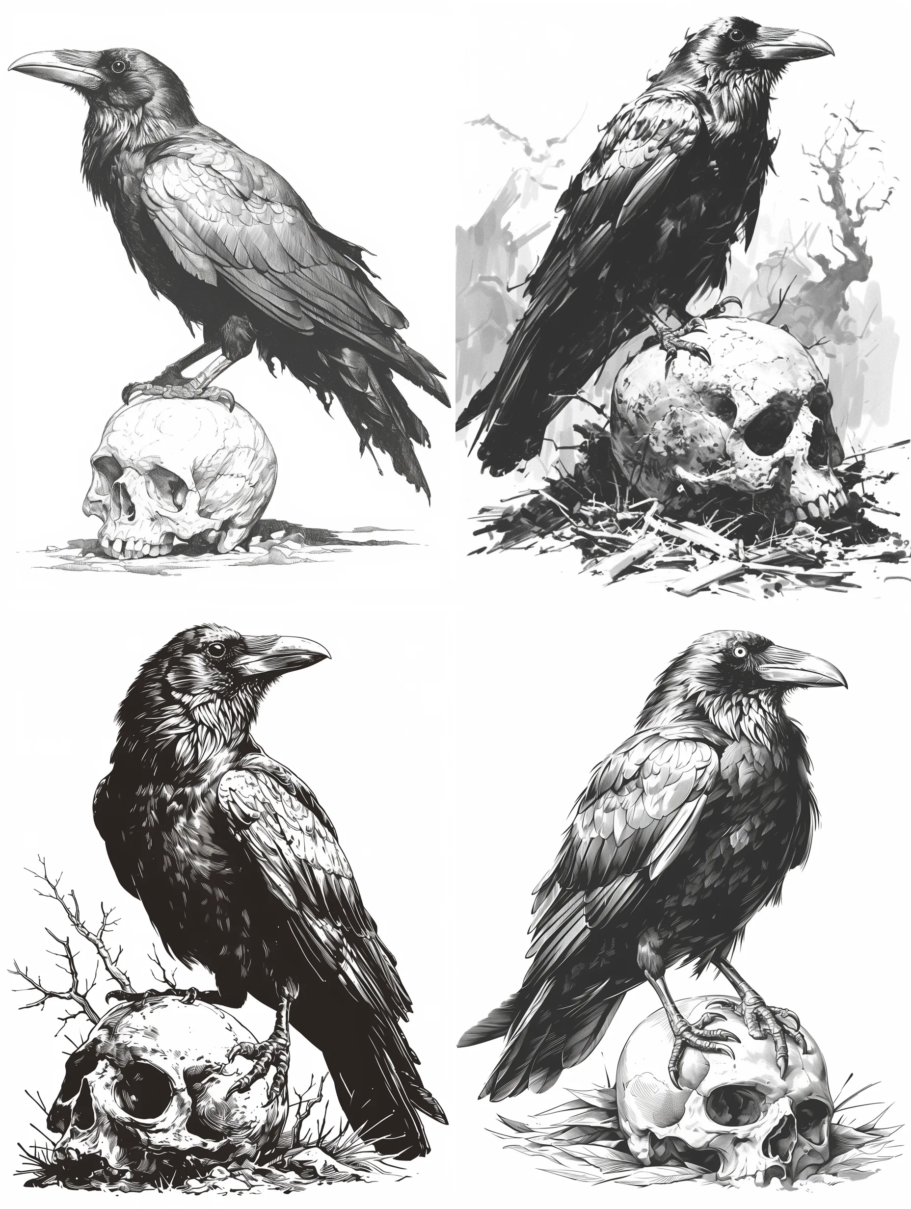 Midjourney prompt: A crow standing on a skull in the background