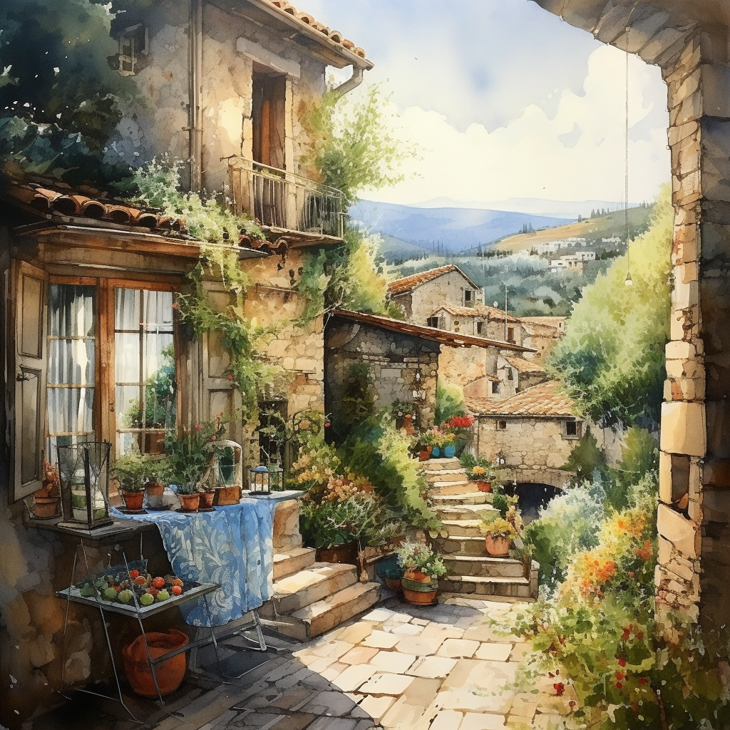 پیشنمایش منبع: Midjourney prompt: raoul Giordan influenced art, Provence, Watercolor...
