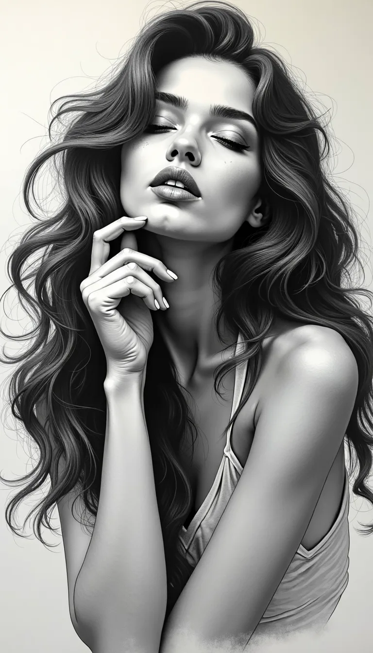 FLUX prompt: The painting is a detailed black and white sketch of a woman with long