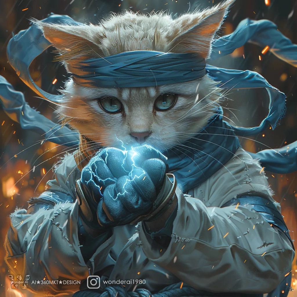 Midjourney prompt: an anthropomorphic cute cat wearing [ninja outfit : Gray ninja jacket