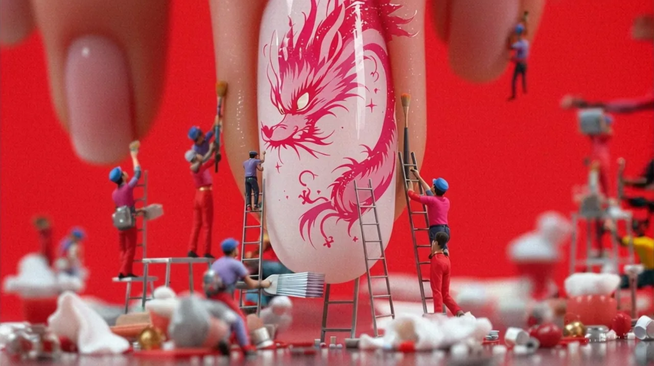 Sora prompt: Tiny miniature workers in uniforms are painting and drawing super cute ombre cute pink dragon on the fingernails