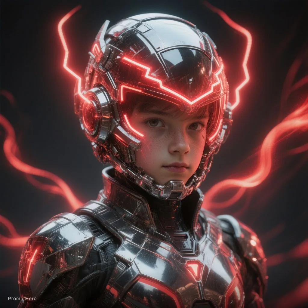 Hero prompt: futuristic cyborg boy featuring a captivating reflective cybernetic helmet adorned with glowing triangular red neon lights