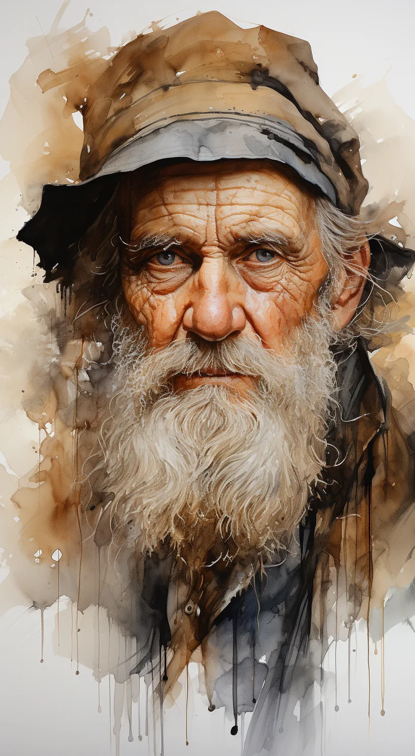 Midjourney prompt: portrait of an elderly man with painted face in golden brown with white outline
