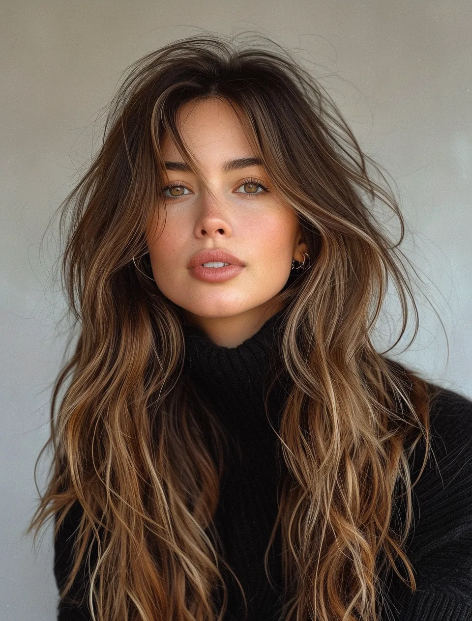 Midjourney prompt: a beautiful young woman in black with long hair