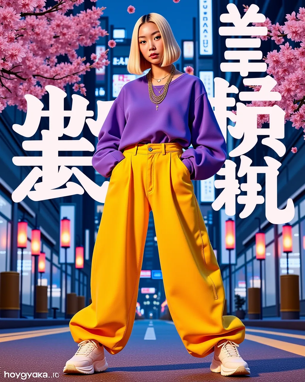 FLUX prompt: A bold Japanese hyperrealistic advertising poster features a stunning Asian model with sleek
