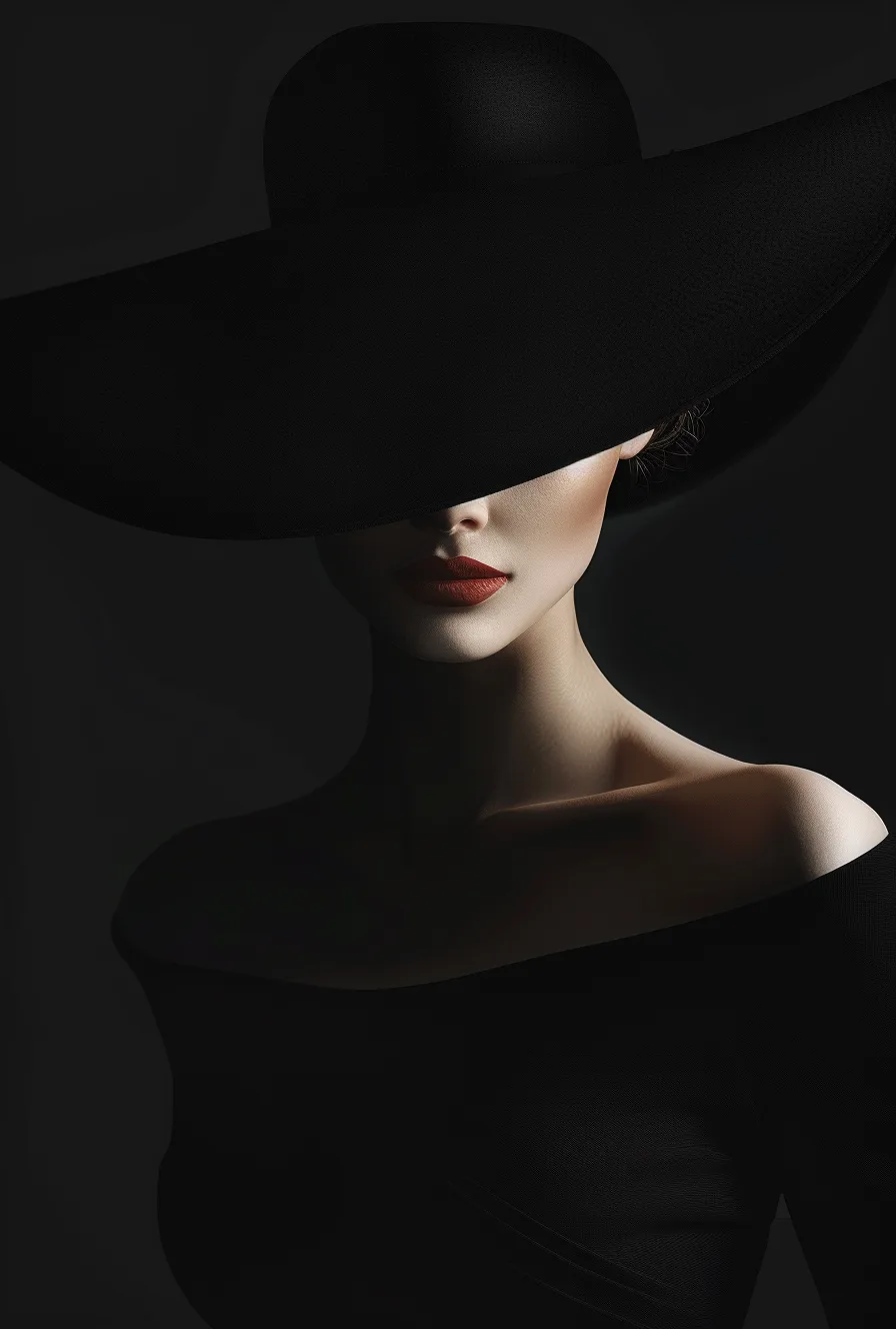 Midjourney prompt: a woman in a black dress is wearing a big hat to the right