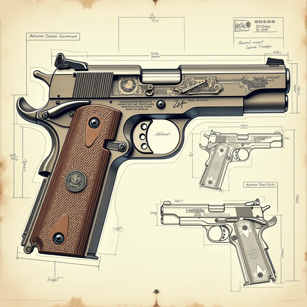 FLUX prompt: a colt 1911 pistol schematic showcasing a cutaway design that reveals its internal structure prompts