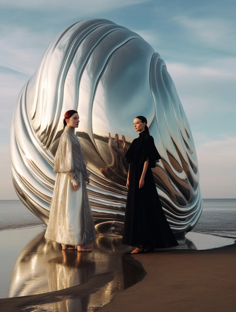 Midjourney prompt: a couple of women standing next to each other on a beach