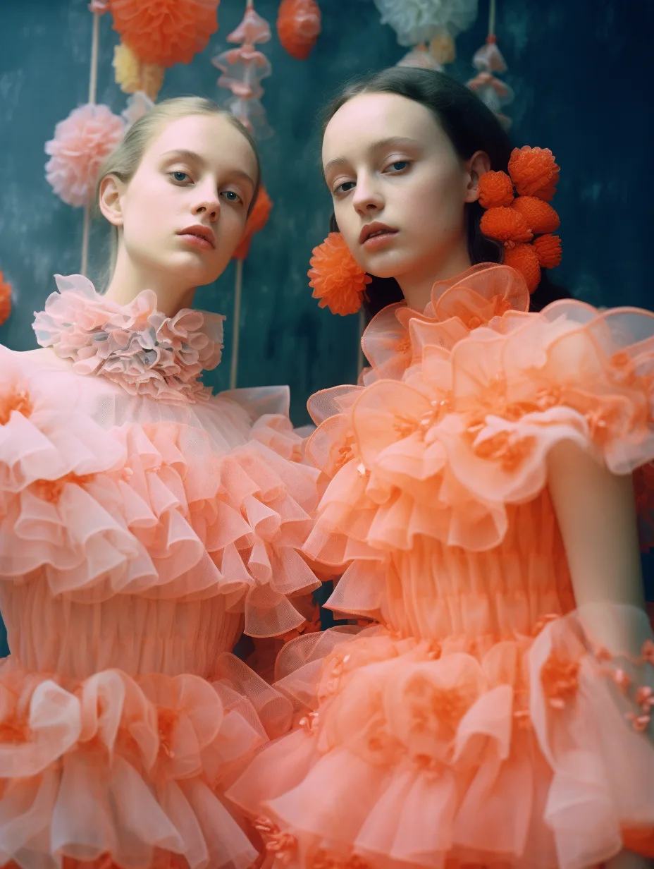 Midjourney prompt: disposable photography of fashion models wearing puffy dress inspired by corals