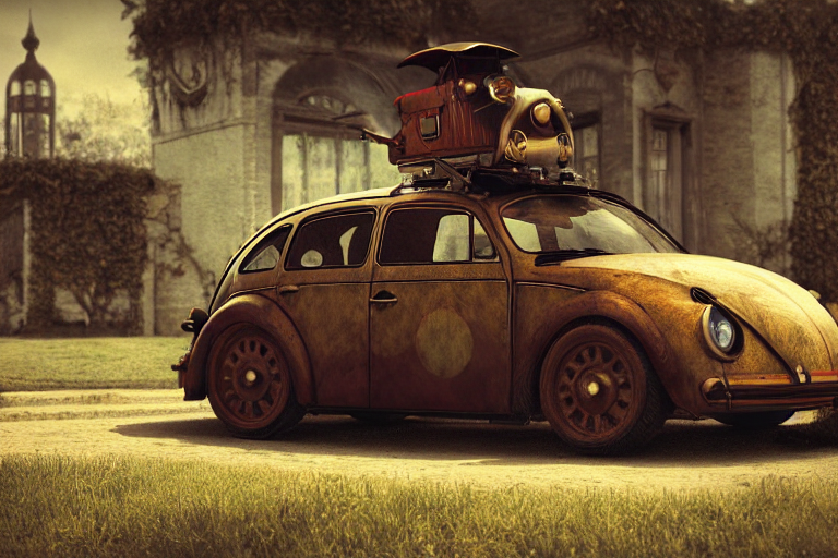 پیشنمایش منبع: Stable Diffusion prompt: steampunk ladybird, vw car, ornamental, landscape,...