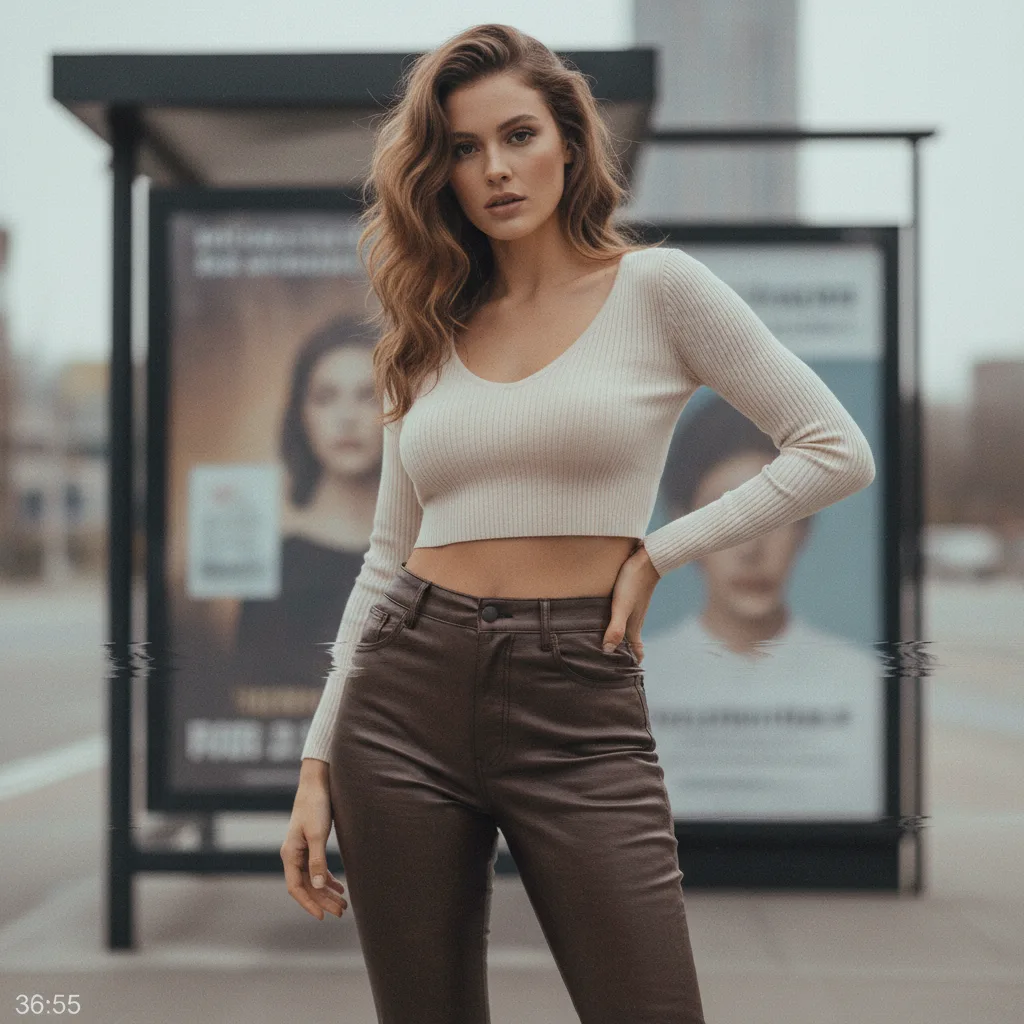 Nano Banana prompt: a woman wearing a cropped top and leather super tight pants standing in front of the bus stop