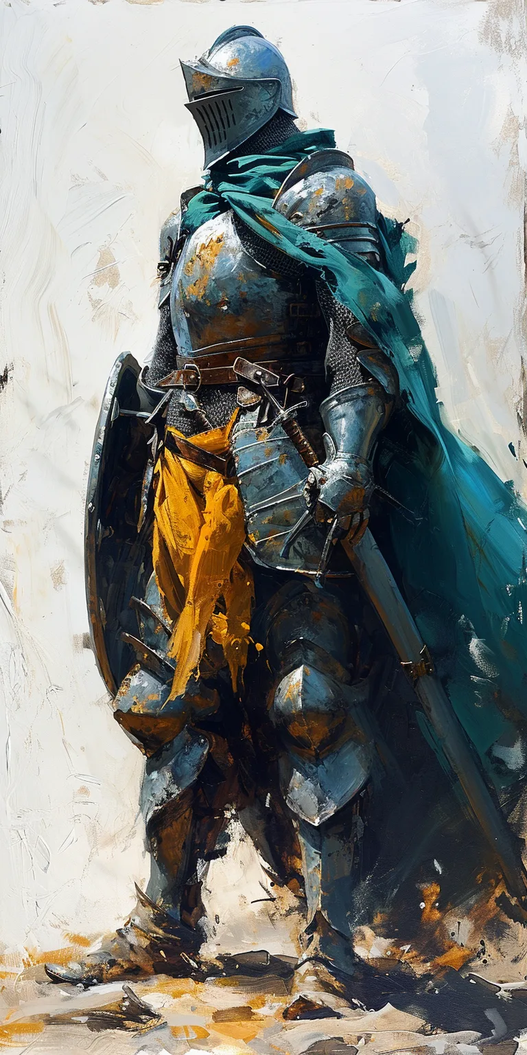 Midjourney prompt: a drawing of a knight with shield and cloak