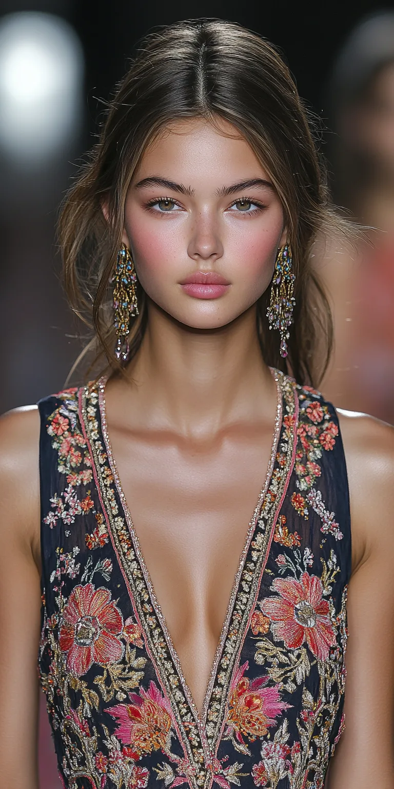 Midjourney prompt: A beautiful woman wearing an exquisite embroidered dress walking in a NYC runway show
