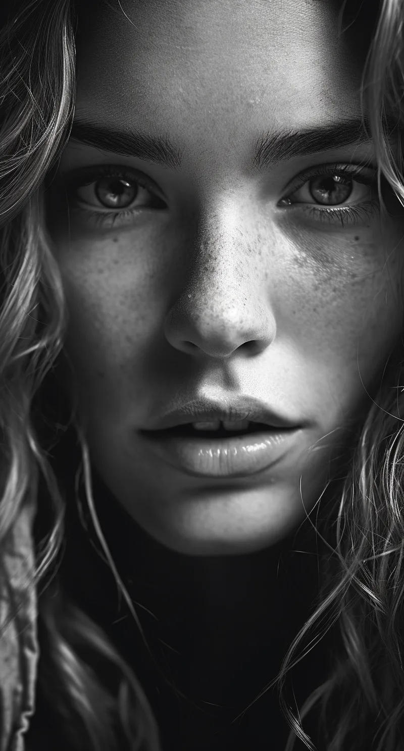 Midjourney prompt: stunning RAW close-up black and white photography portrait of a beautiful woman