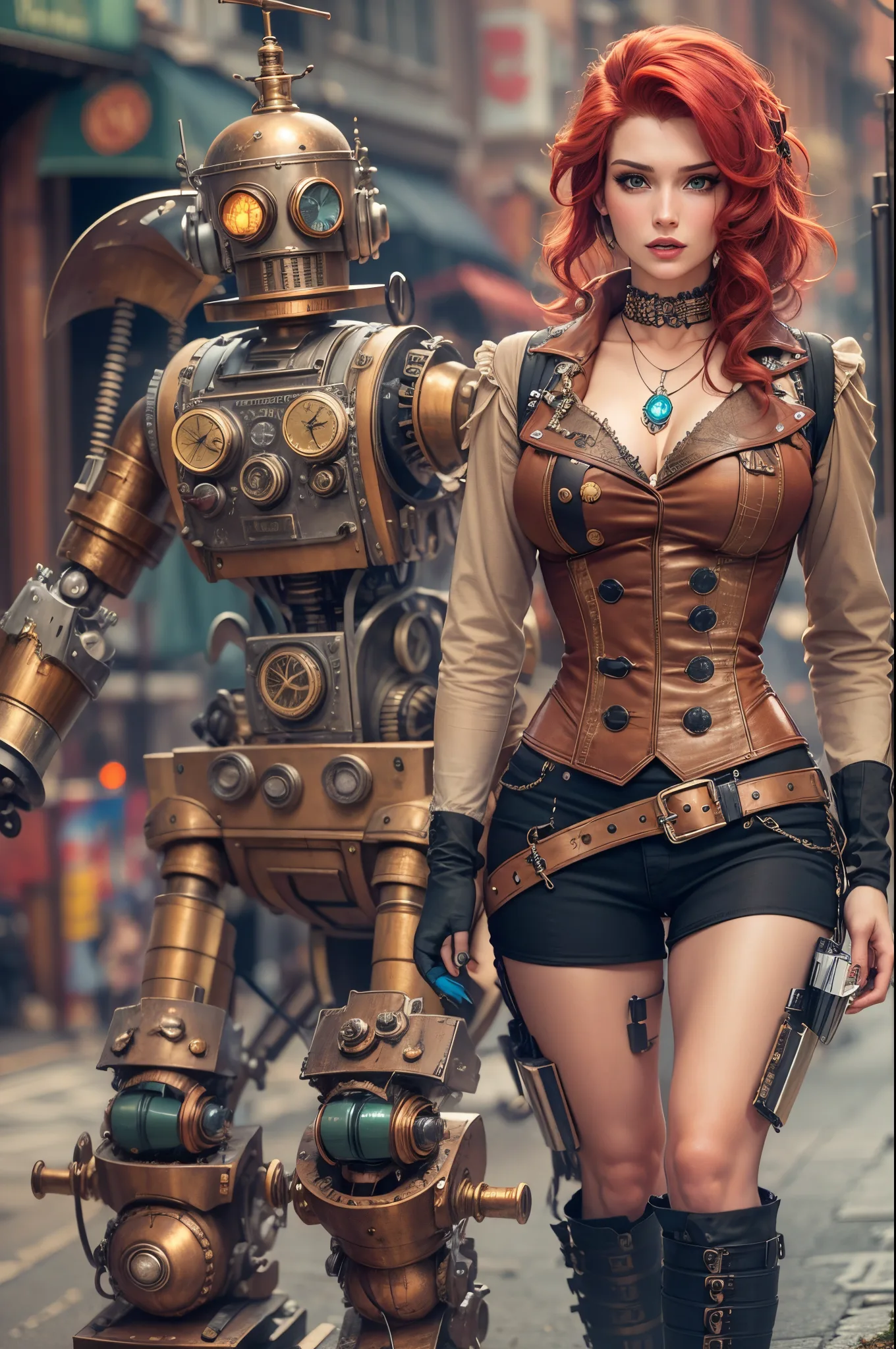 Stable Diffusion prompt: Bella Thorne as a sexy busty steampunk girl with red hair leading a steampunk robot down a steampunk city street