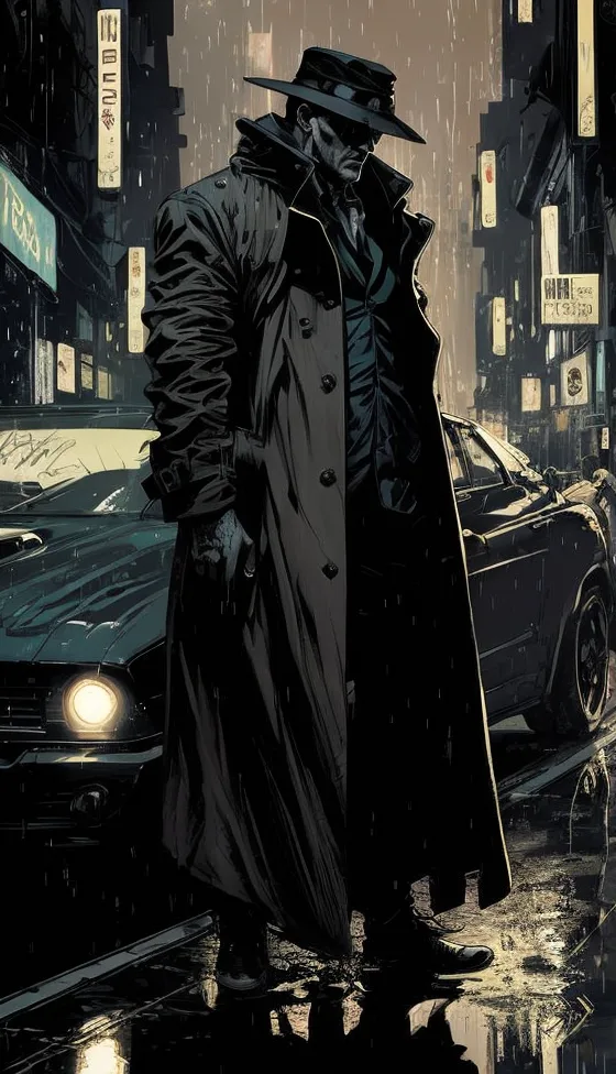 DreamShaper prompt: a man in a trench coat and hat walking down a street in the rain with a car behind him