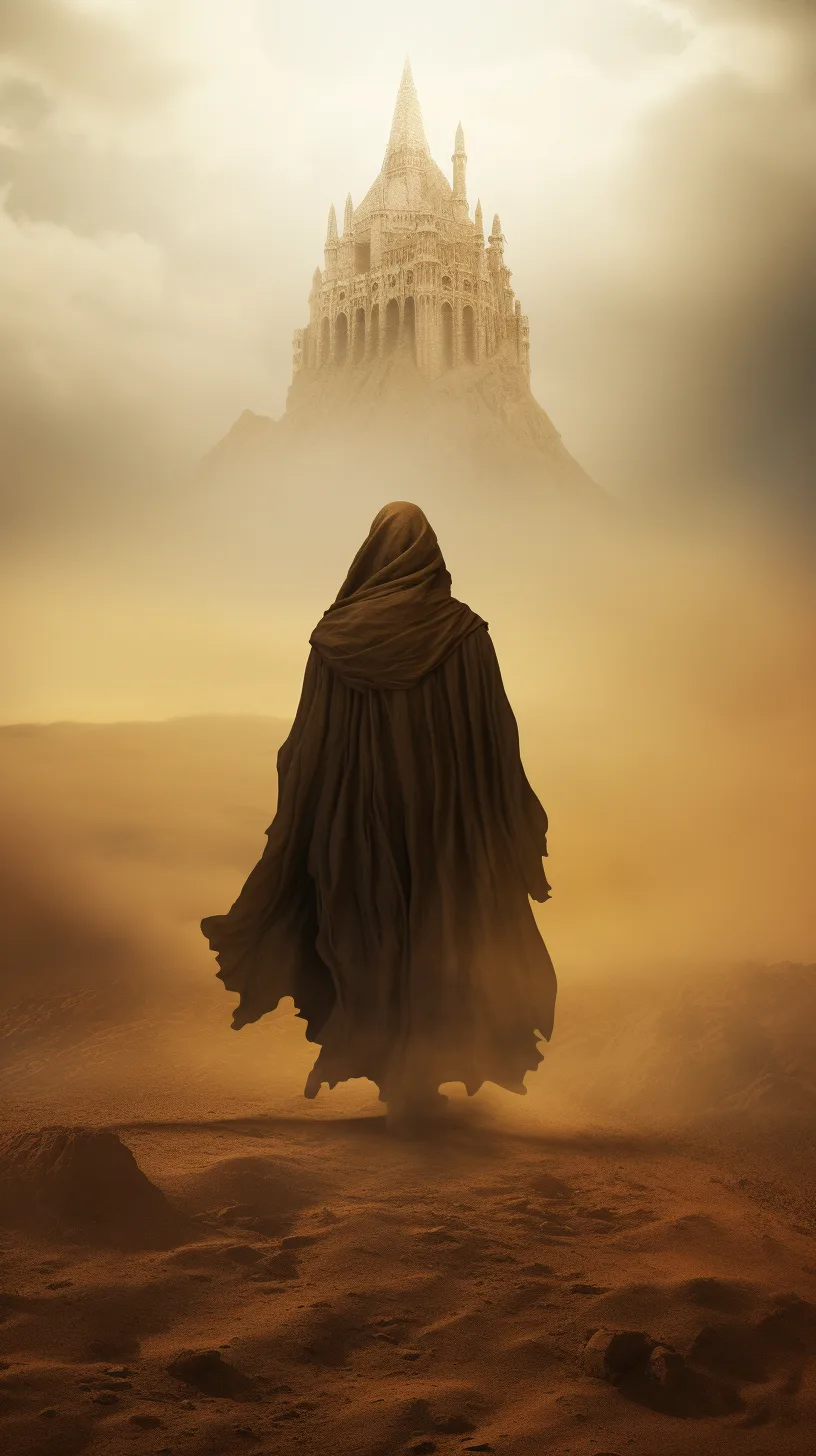 Midjourney prompt: Mysterious figure in striking cloak walking through the desert