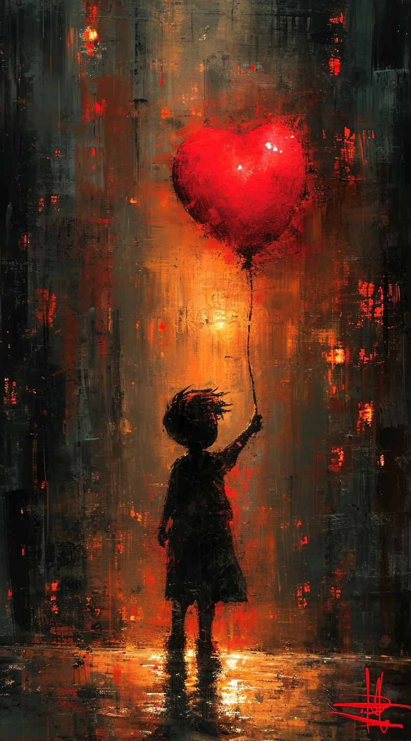 Midjourney prompt: a poster depicts a boy holding a heart shaped balloon