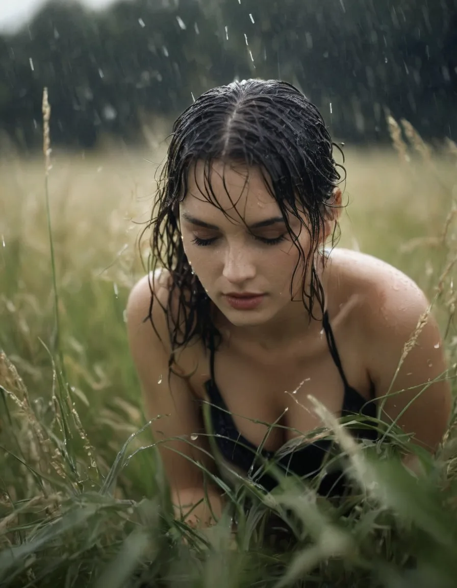 Realistic Vision V2.0 prompt: a young woman under (rain:1. 5)  on knee in the (wet high grass:1. 5)