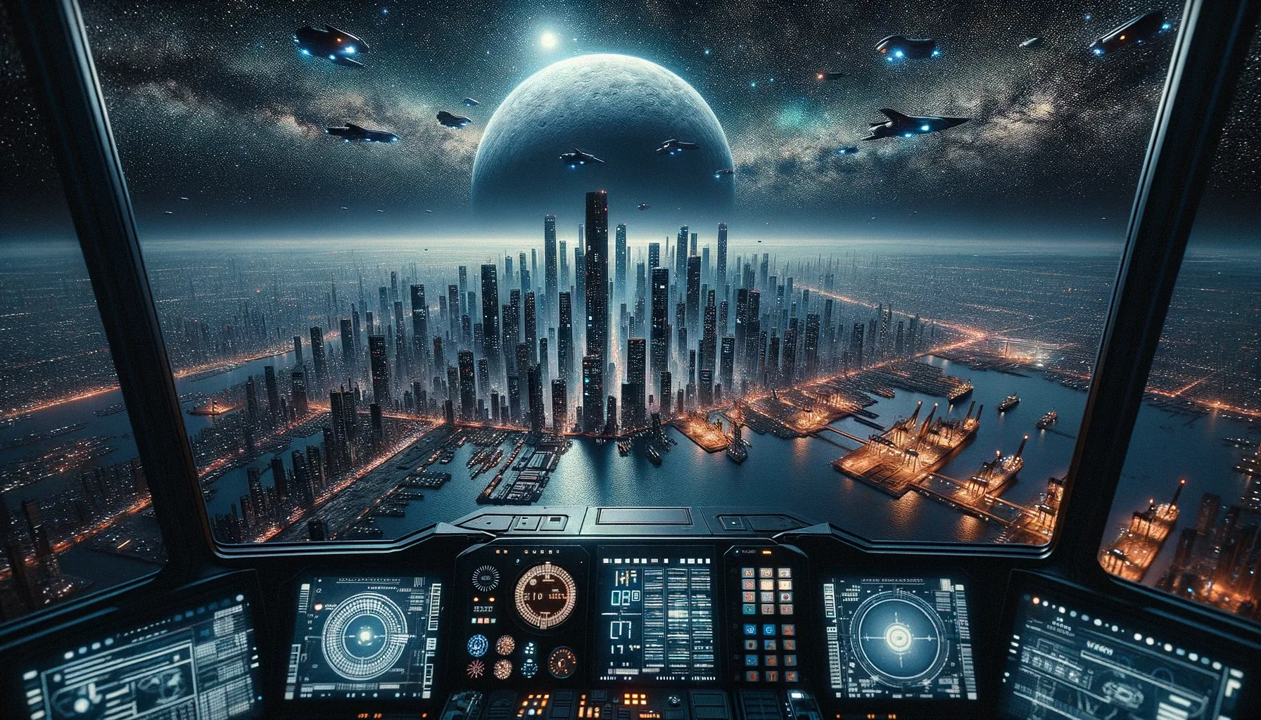 ChatGPT Image prompt: Photo: A hyper-realistic view from the cockpit of a futuristic spacecraft. The vantage point is at sea level